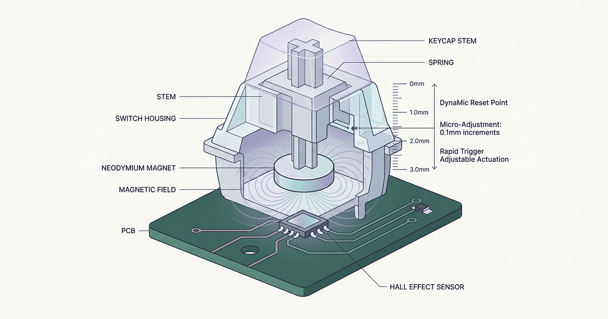 Hall Effect magnetic switch 3D cutaway showing magnetic flux lines, permanent magnet, and Rapid Trigger scale