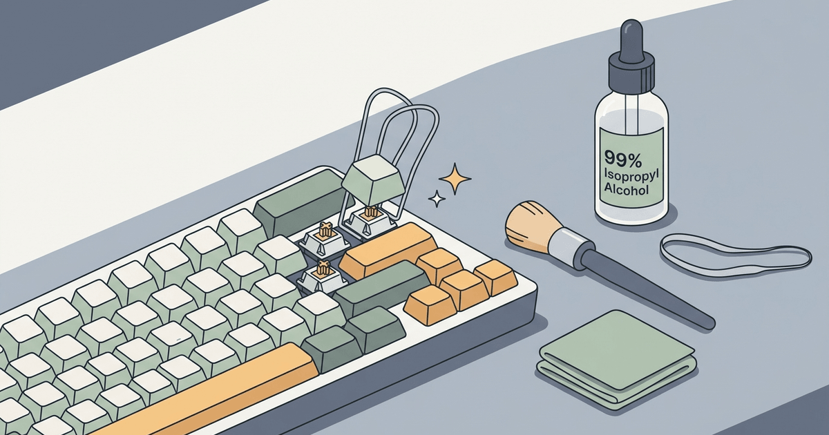 Isometric mechanical keyboard cleaning workbench with a spacebar stabilizer, brush, and cleaning tools