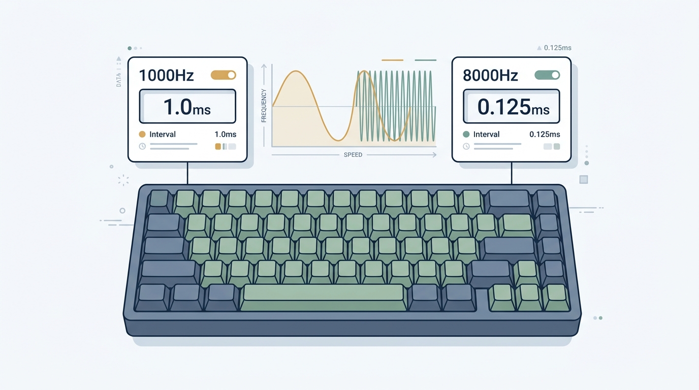 Side-by-side comparison of 1000Hz and 8000Hz keyboard polling rate intervals with a mechanical keyboard and waveform diagram