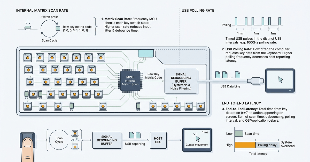 Technical breakdown comparison of keyboard matrix scan rate, USB polling rate interval, and end-to-end input latency