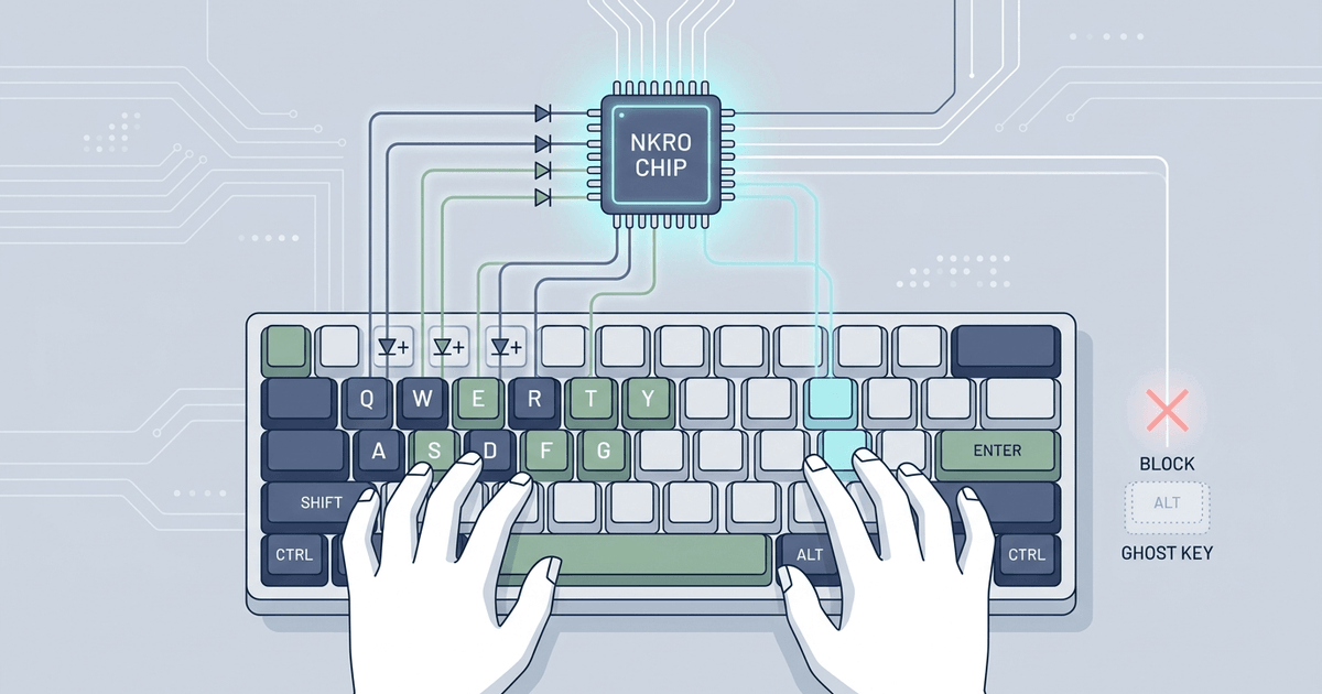 Keyboard circuit matrix schematic illustrating N-Key Rollover and anti-ghosting diodes