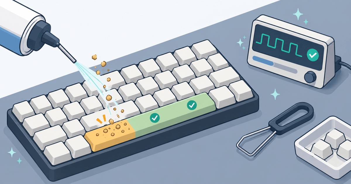 Isometric keyboard repair illustration showing a dirty spacebar being cleaned and verified with input checks