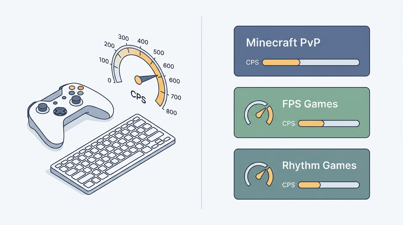 Gaming setup showing CPS speed meter and game category cards for Minecraft PvP, FPS, and rhythm games